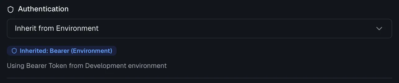 A test suite's Authentication setting showing the Inherit from Environment mode with inheritance badge