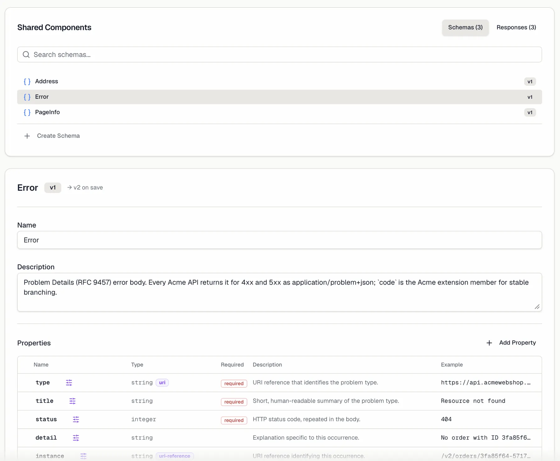 The Shared Library settings page with the Schemas and Responses tabs and an open component editor
