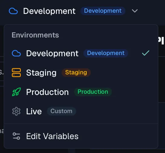 The environment switcher dropdown in the header