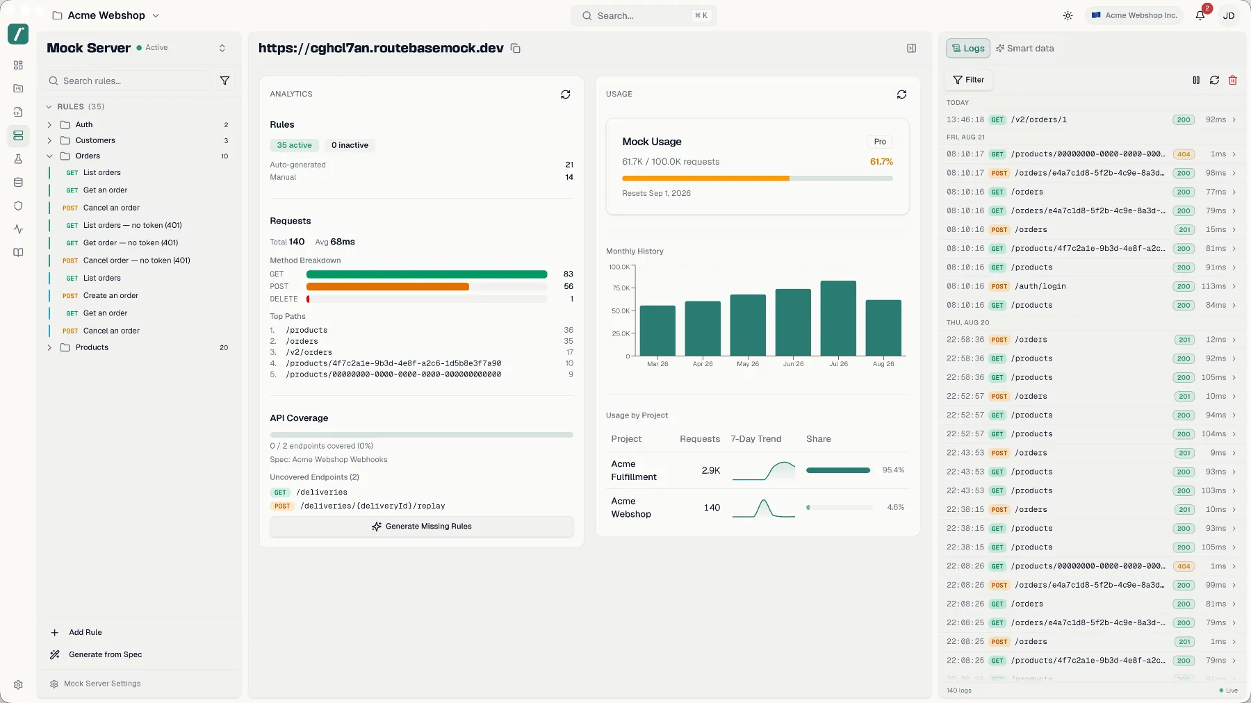 The mock server workspace with the rule tree, rule editor, and logs panel