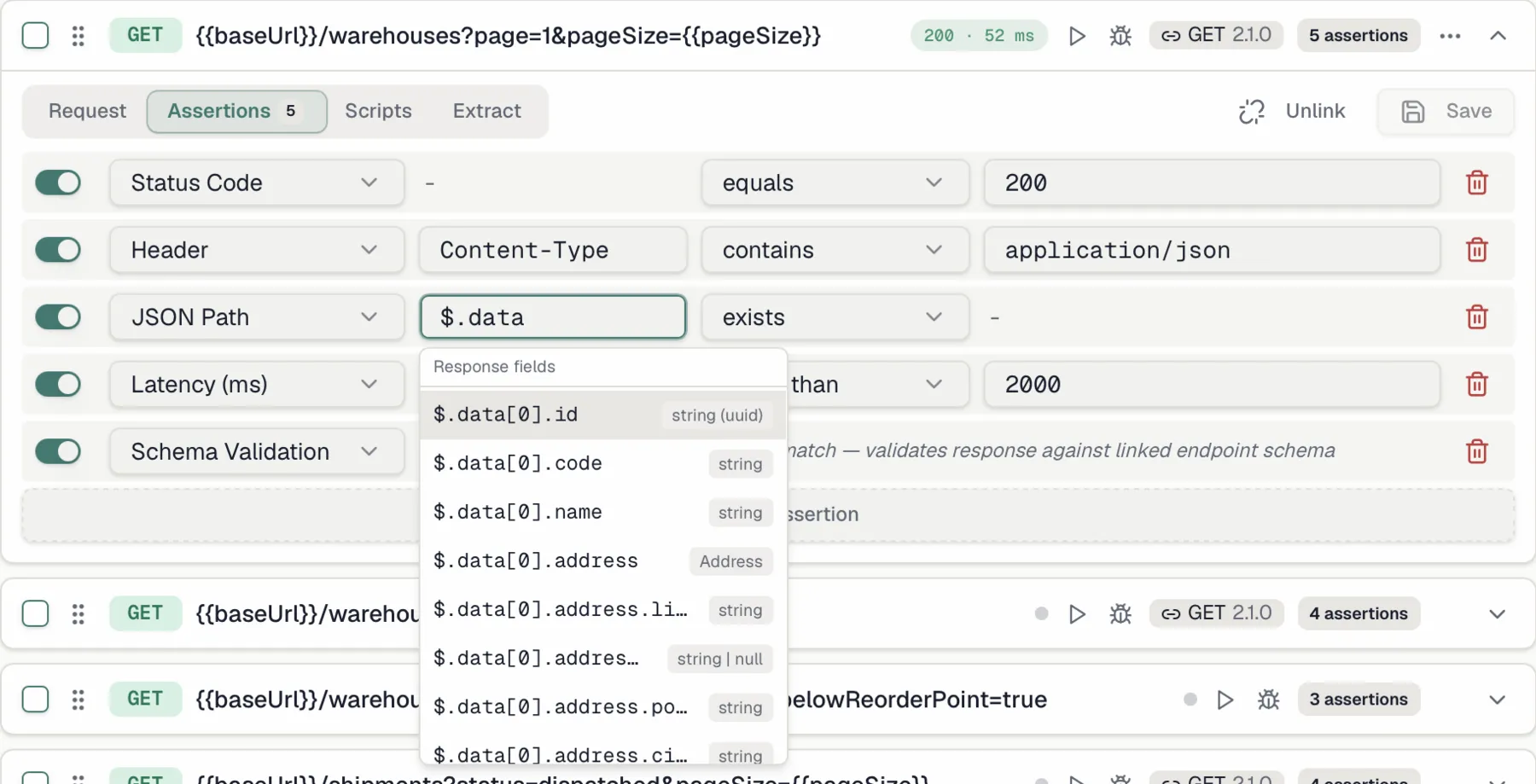 The Response fields dropdown suggesting JSON paths from the linked endpoint, each with a type badge