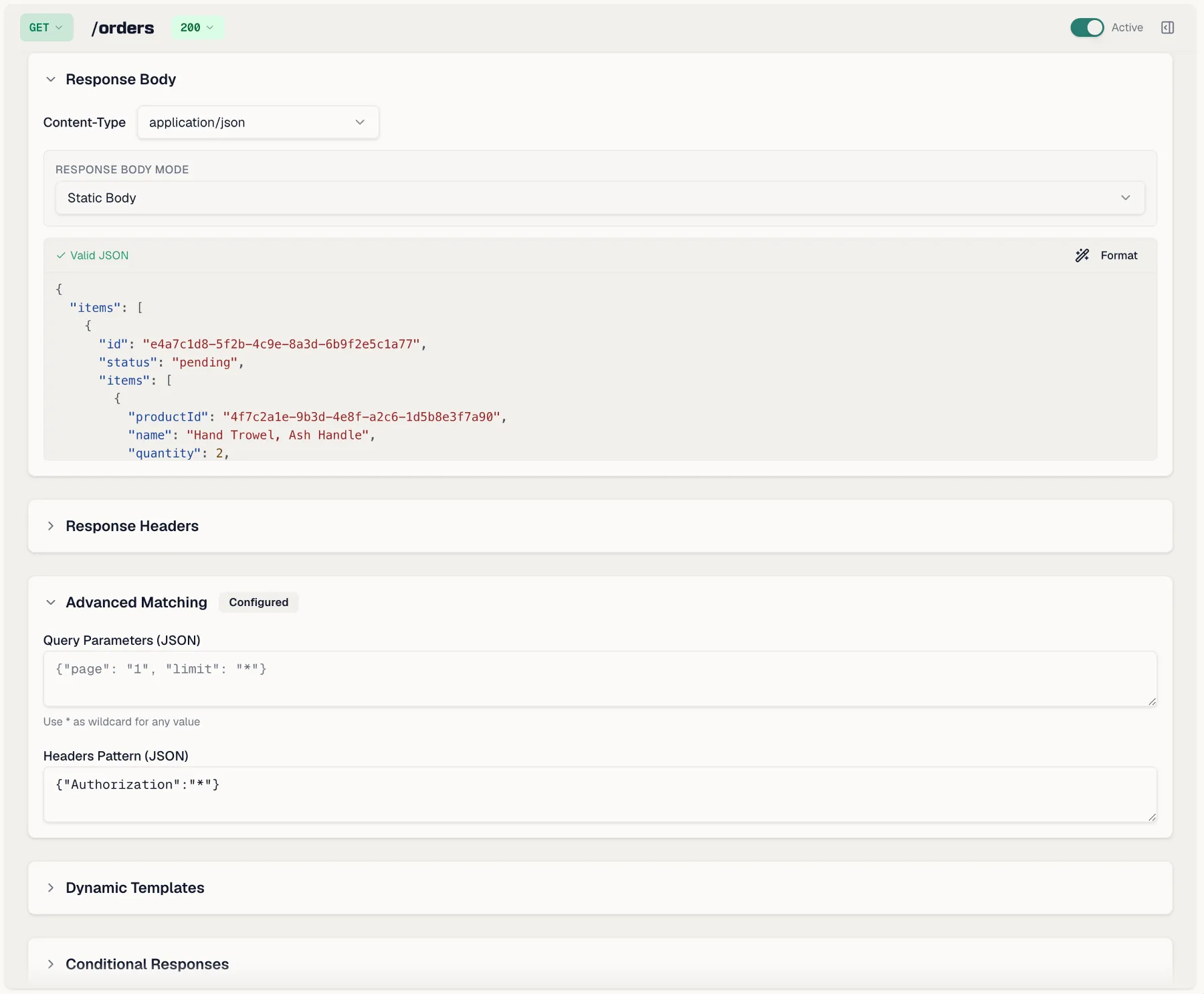A mock rule with its matcher and its response in one view