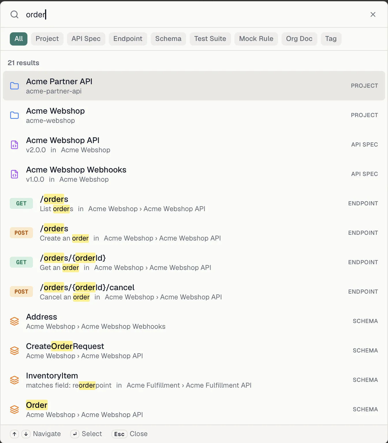 The global search palette with results and type filters