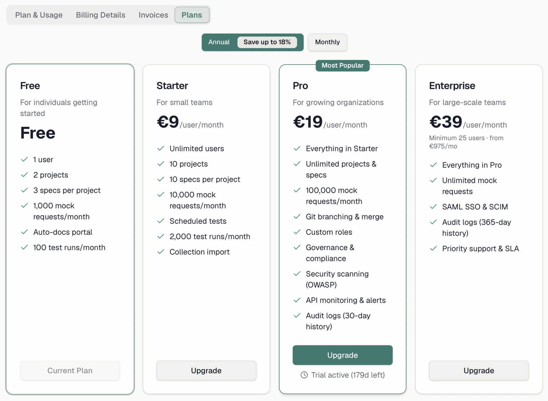 The Plans tab with the four plan cards and the annual/monthly toggle