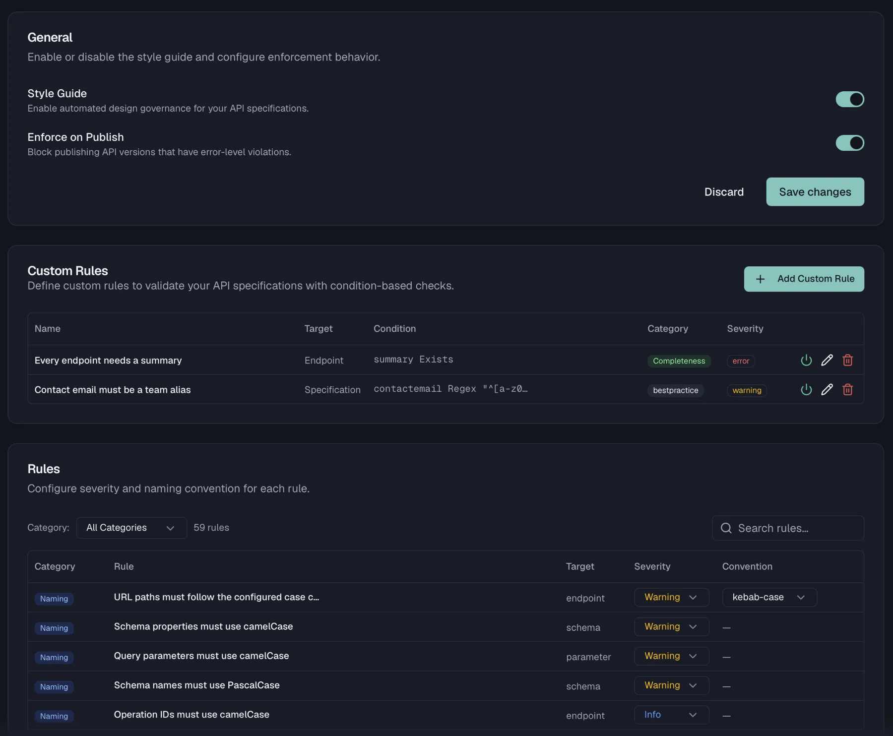 The Style Guide settings page with the General card and the rules table