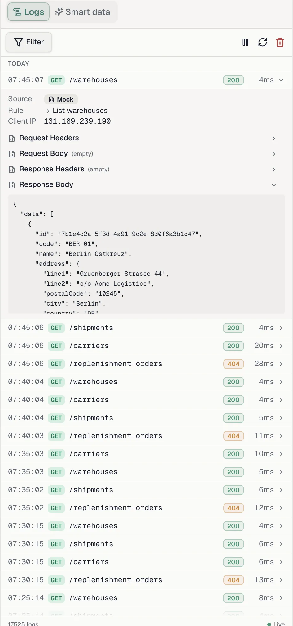 Request log with an expanded entry showing the source, the matched rule and the response body