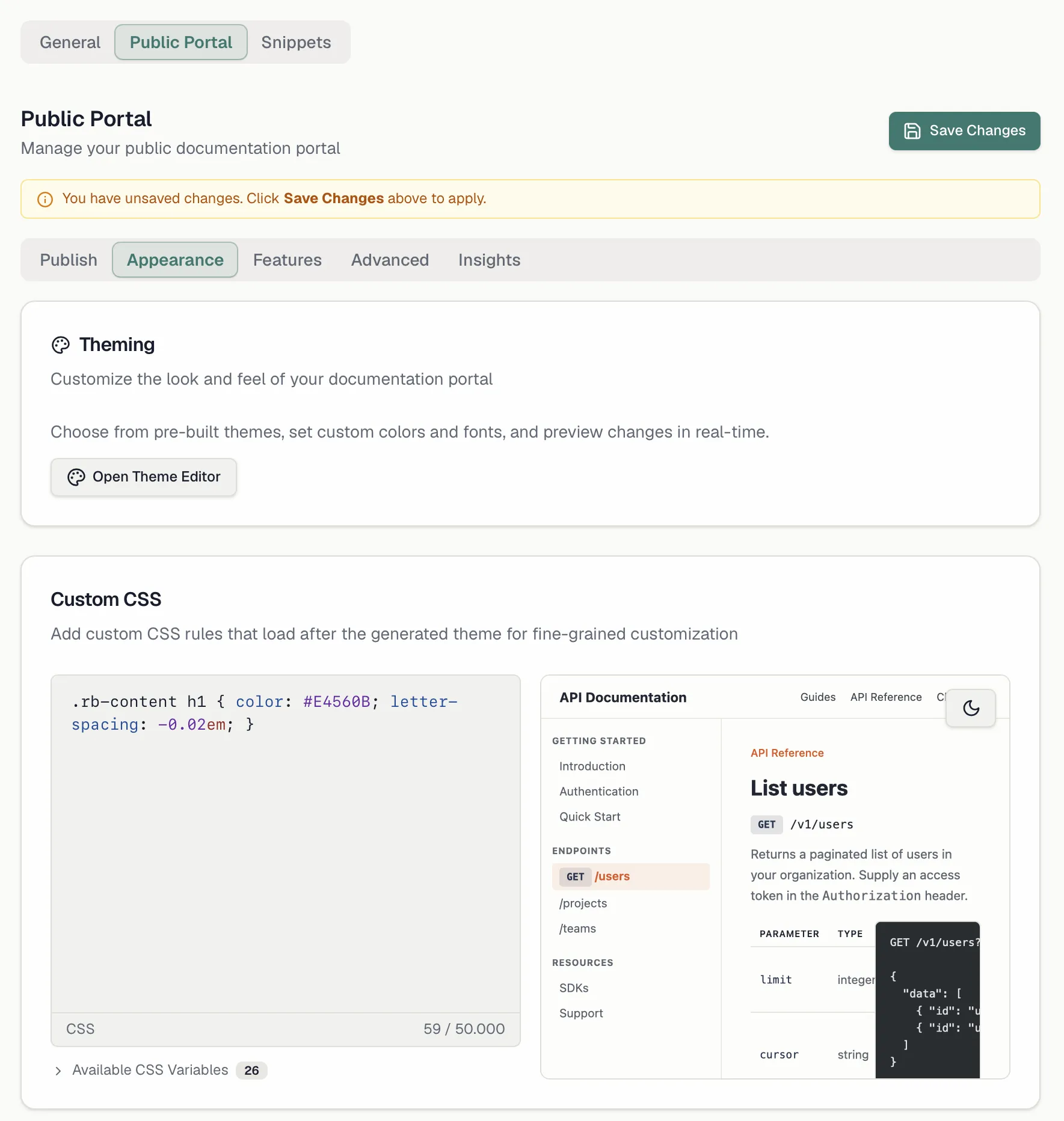 The Appearance tab with the theming card and the Custom CSS editor next to its live preview