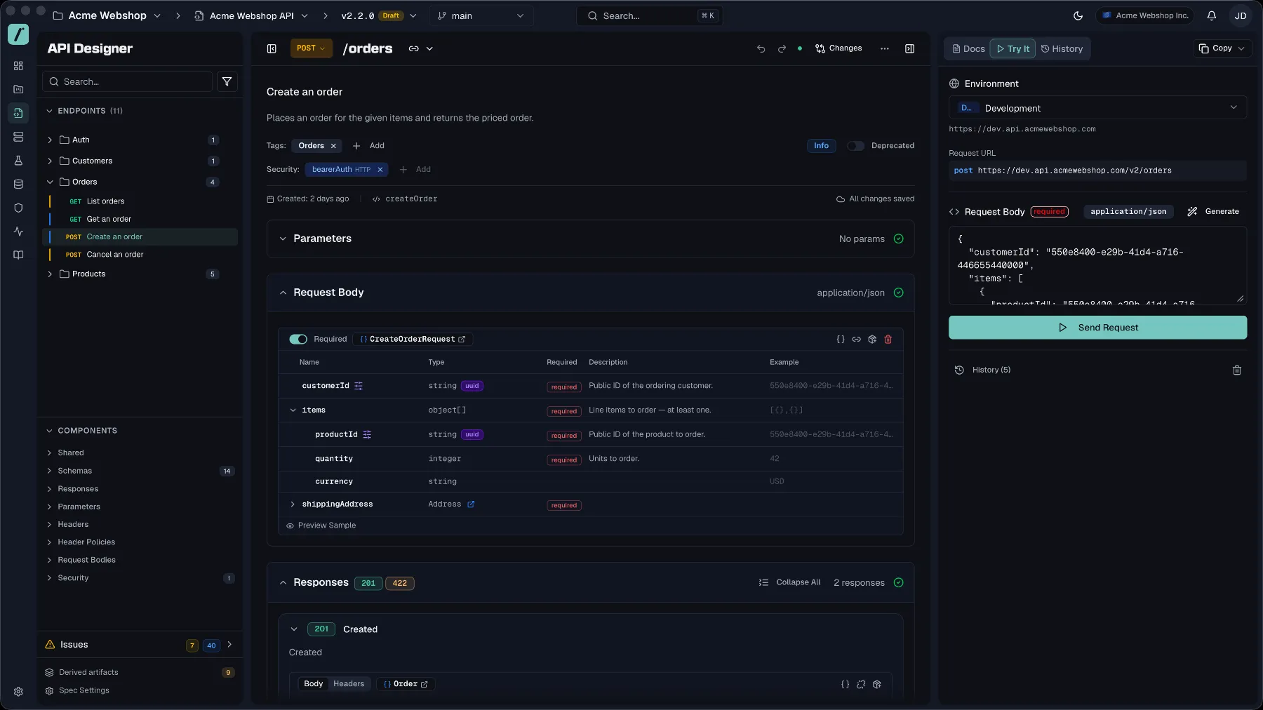 The Routebase API Designer with an imported spec