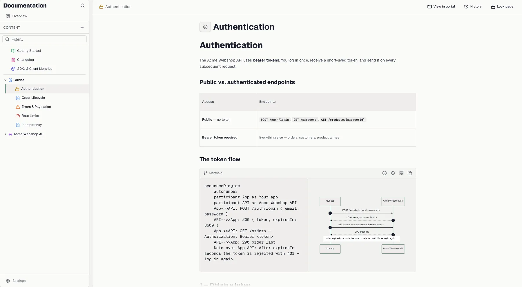 The documentation editor with the content tree on the left and a page open on the right
