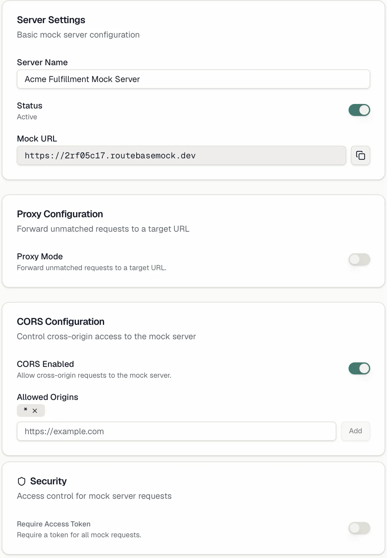 The mock server settings sheet with the server, proxy, CORS and security sections