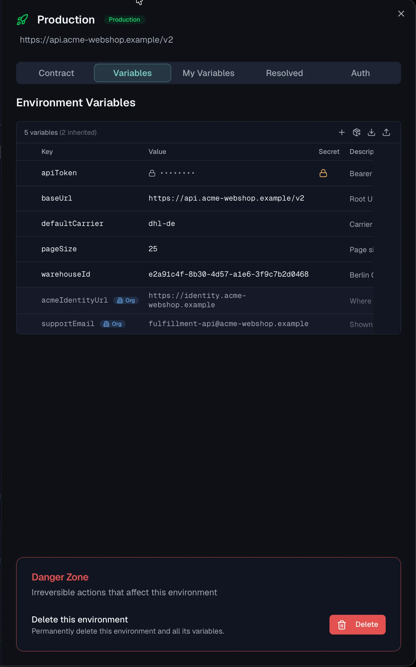 The environment detail sheet with the Variables tab open