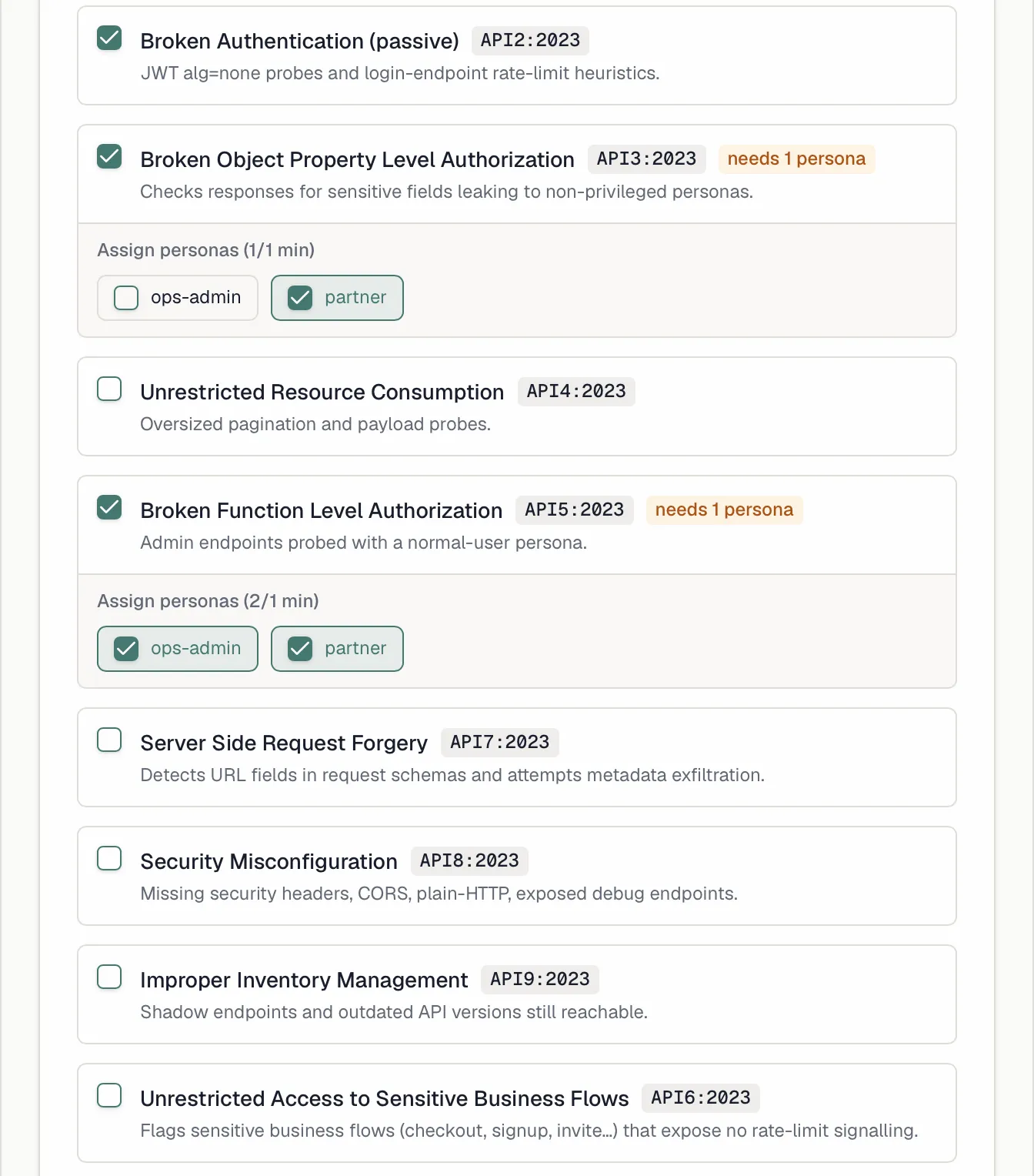The scanner list in the profile editor with OWASP badges and only some scanners ticked
