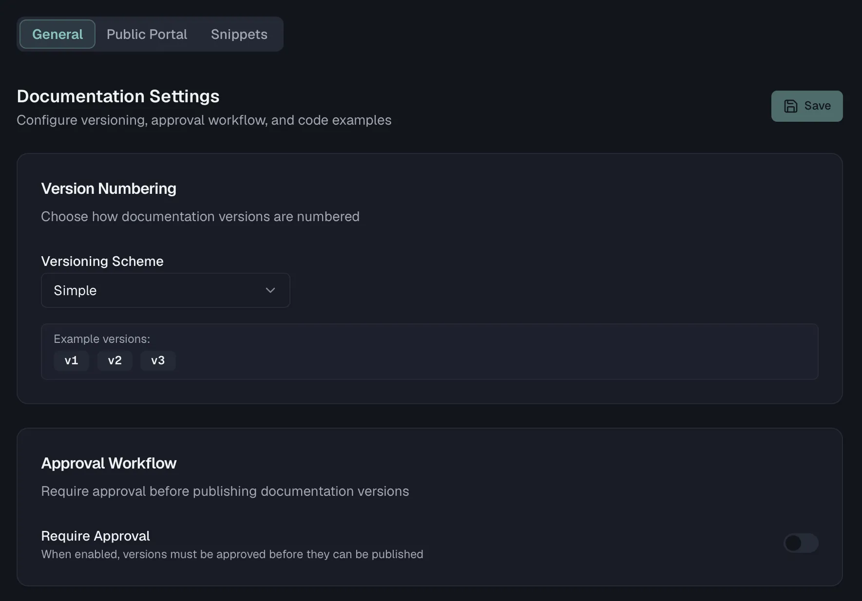 Documentation settings showing version numbering and the approval workflow