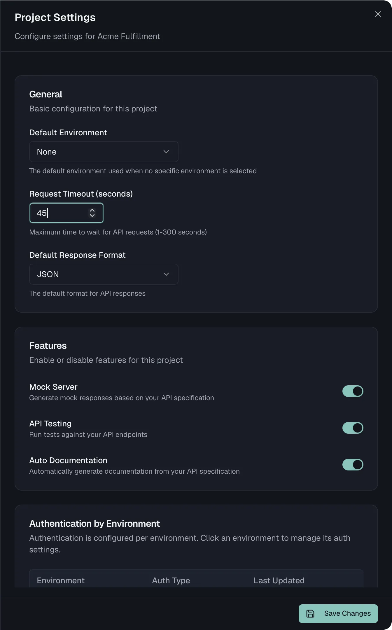 The Project Settings sheet showing General and Features sections with the Save changes footer