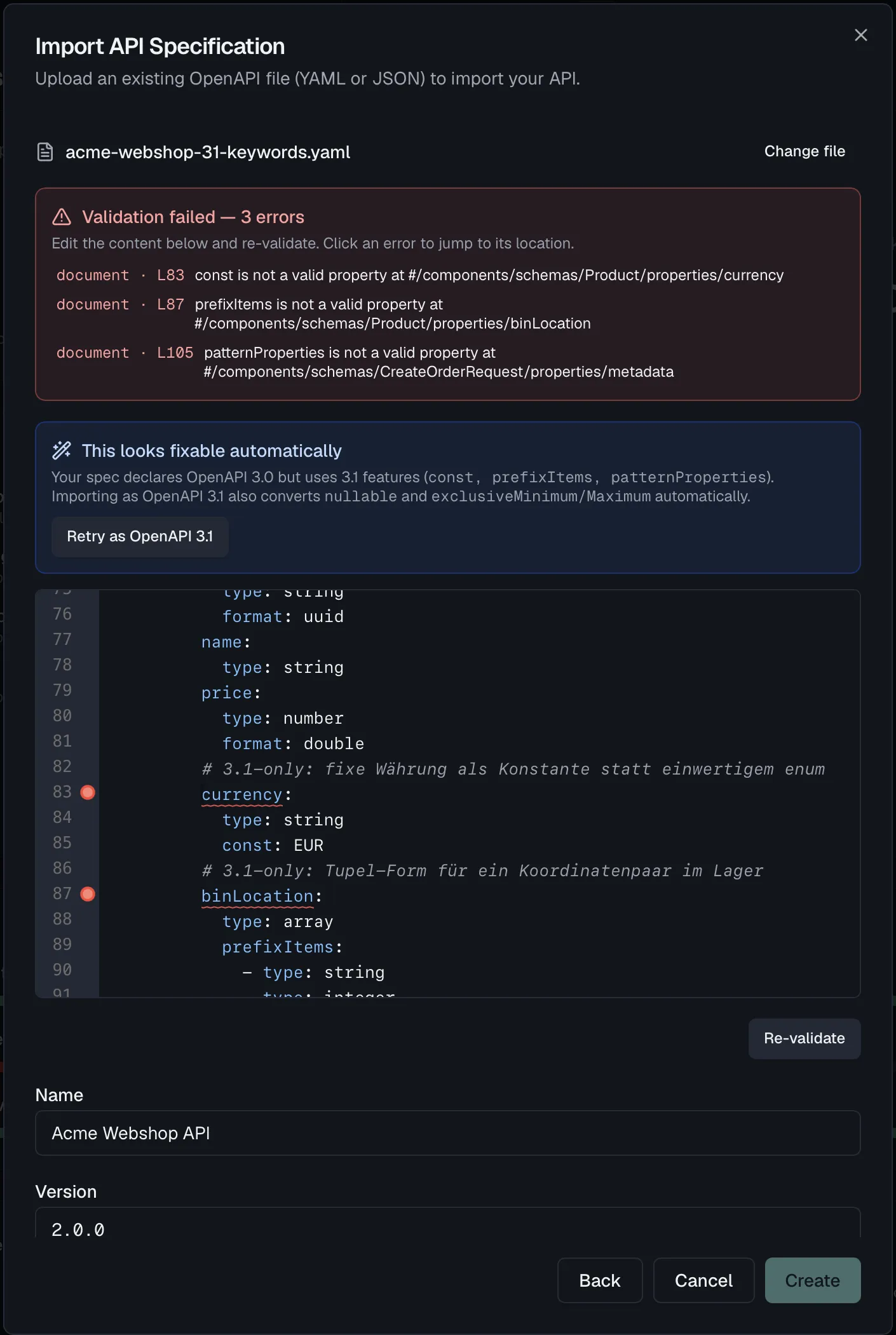 The import validation-error panel with the error list, the highlighted code editor and the Re-validate button