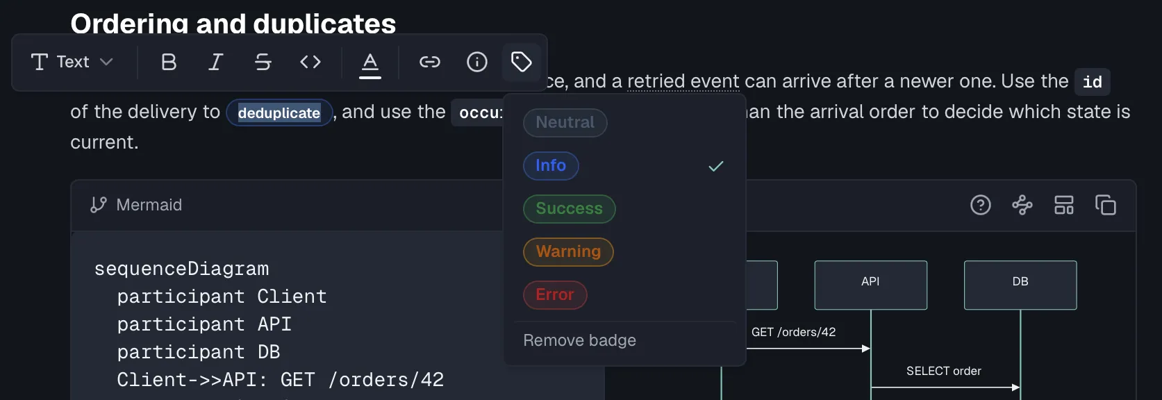 A badge and a tooltip in the same paragraph with the badge variant picker open