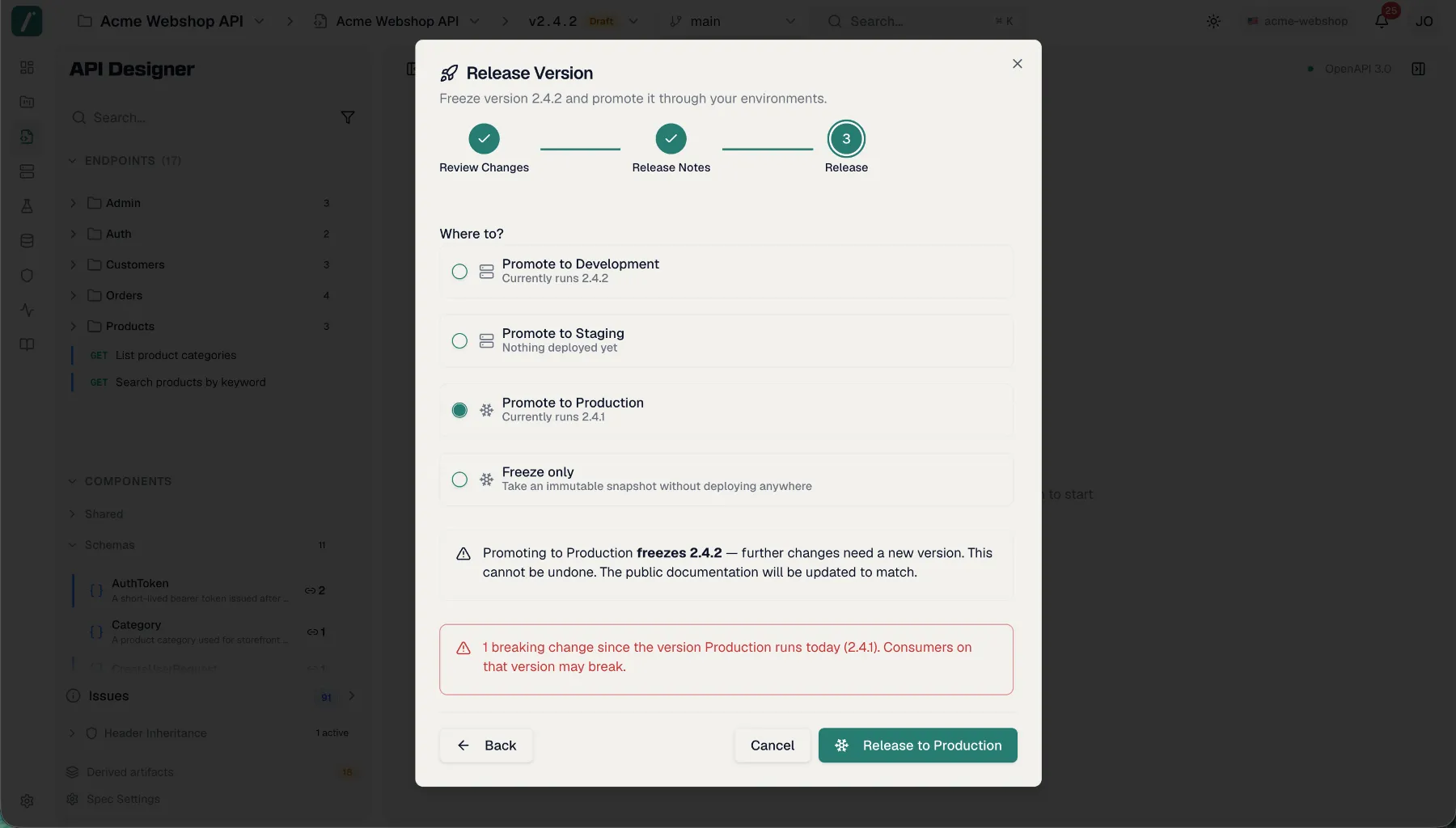 The Release Version wizard on the Where to? step with Freeze only and environment targets