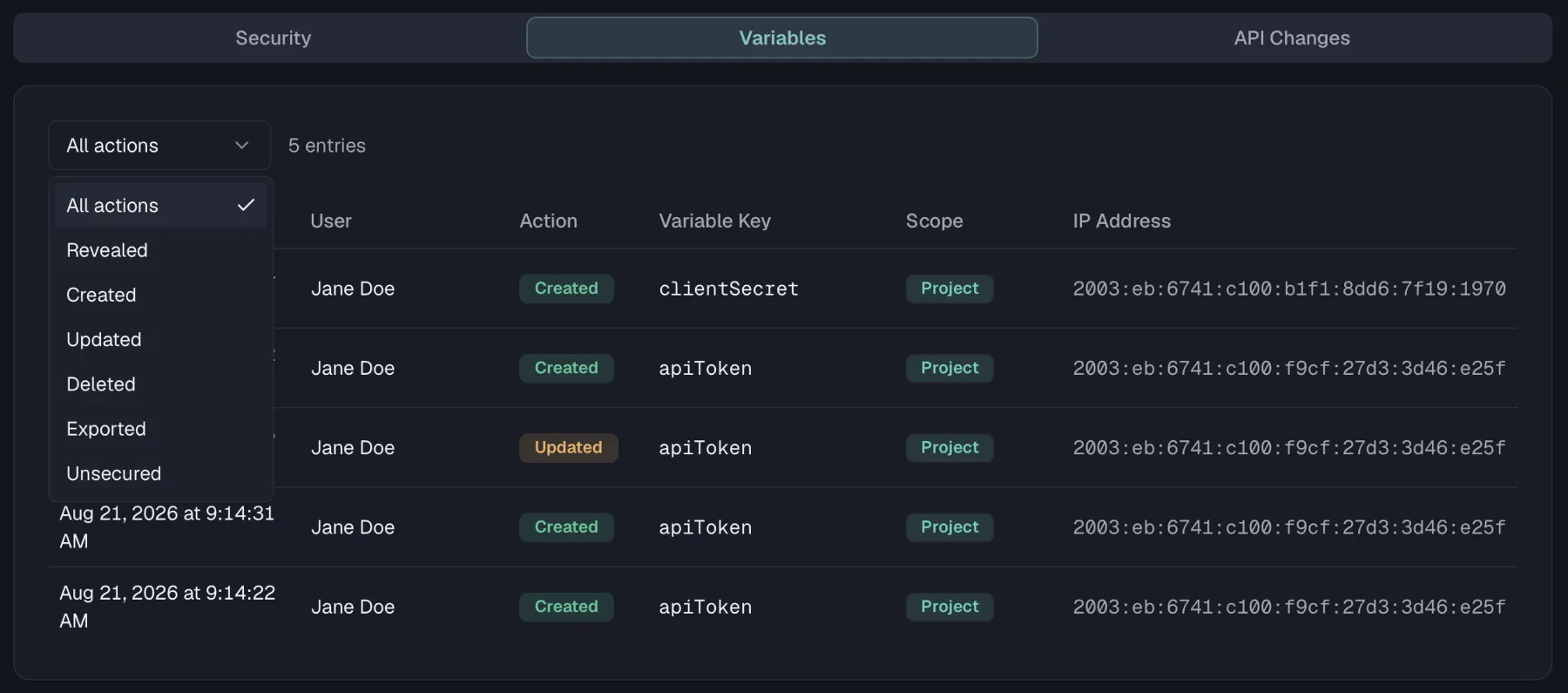 The Variables tab with the action filter open, listing all six recorded actions