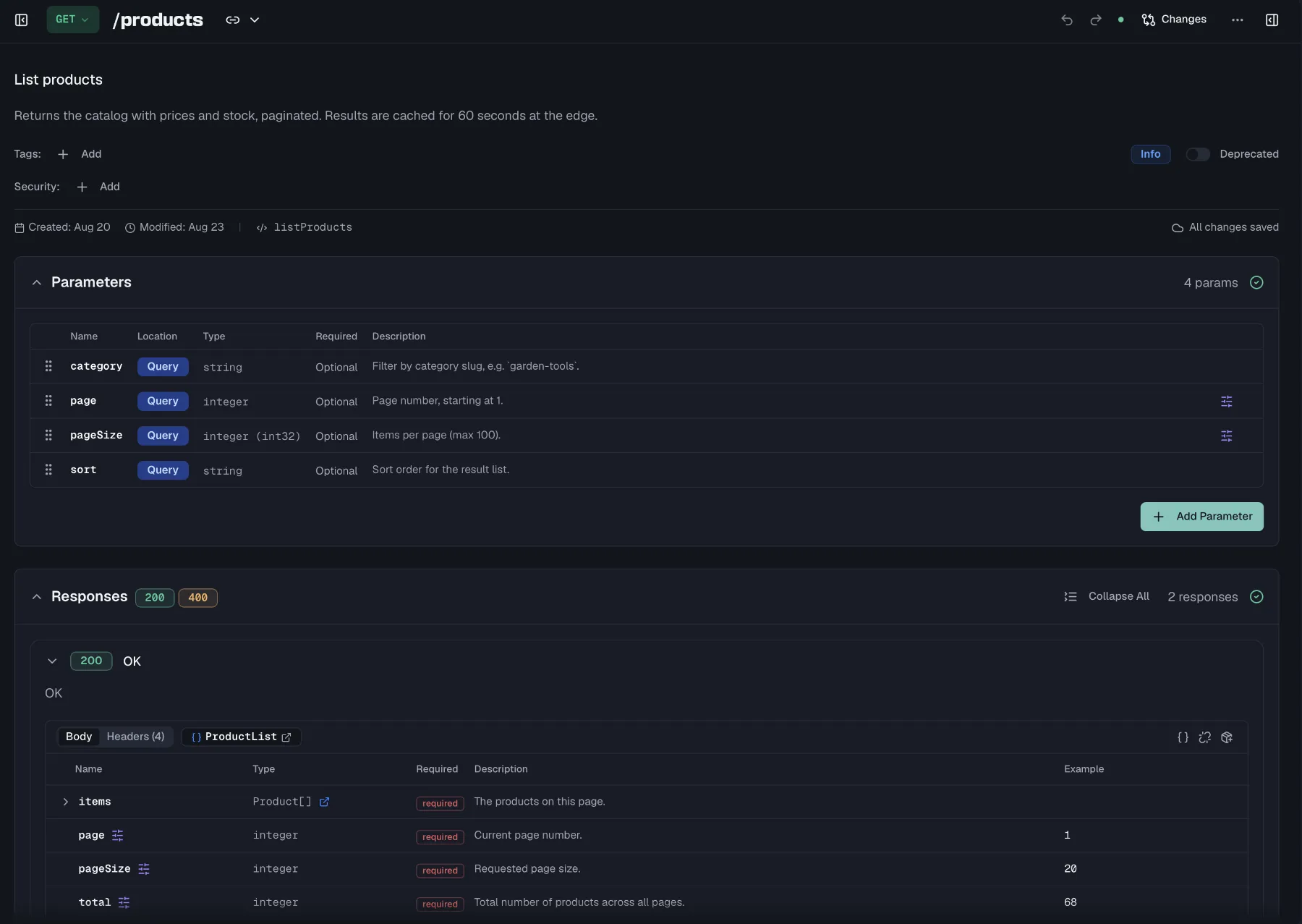 The endpoint editor showing method, path, parameters and responses