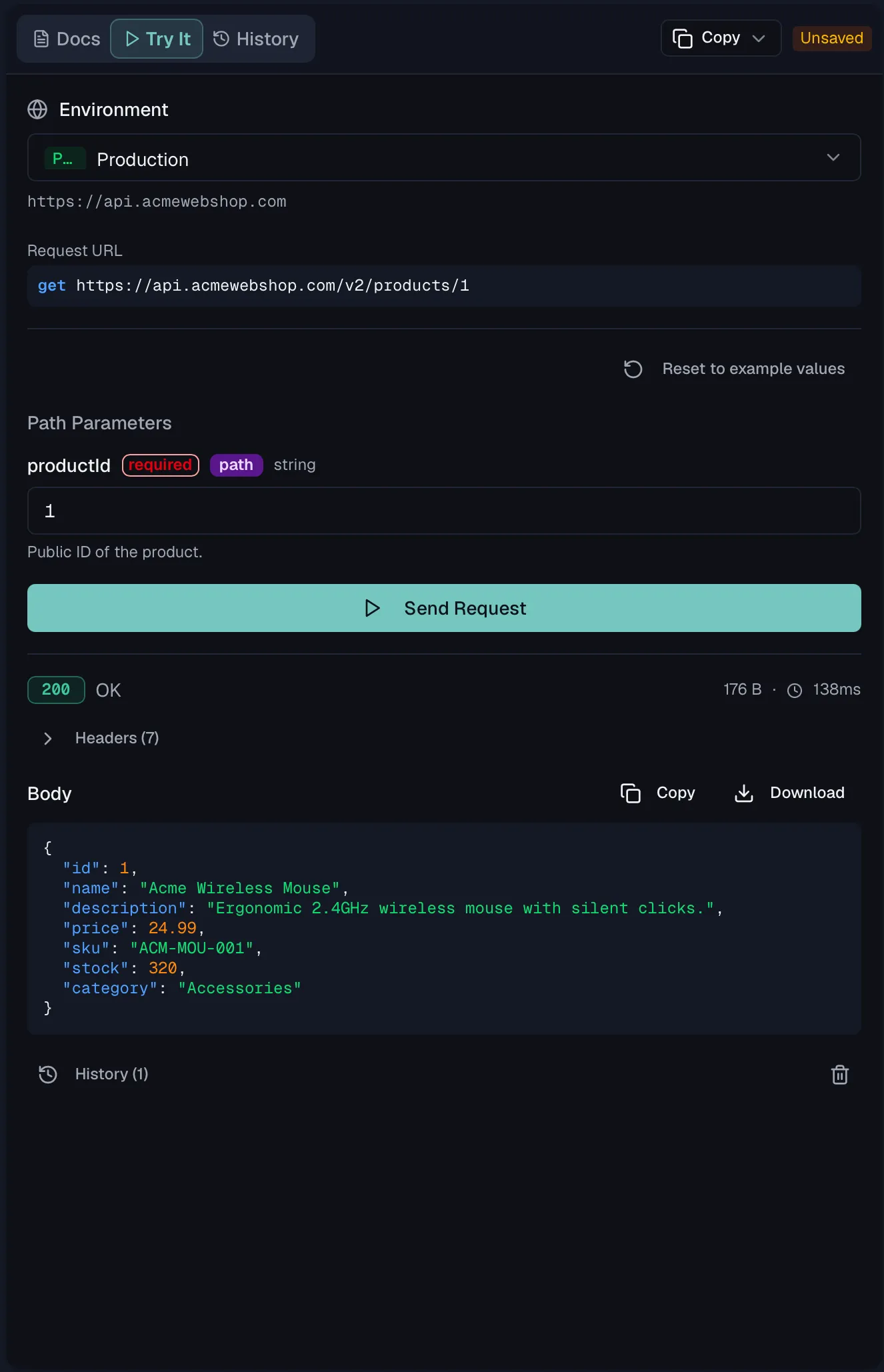 The Try It tab with an environment selected, the resolved request URL and the response