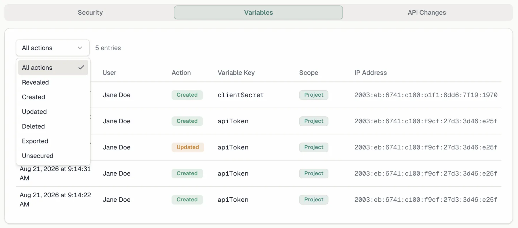 The Variables tab with the action filter open, listing all six recorded actions