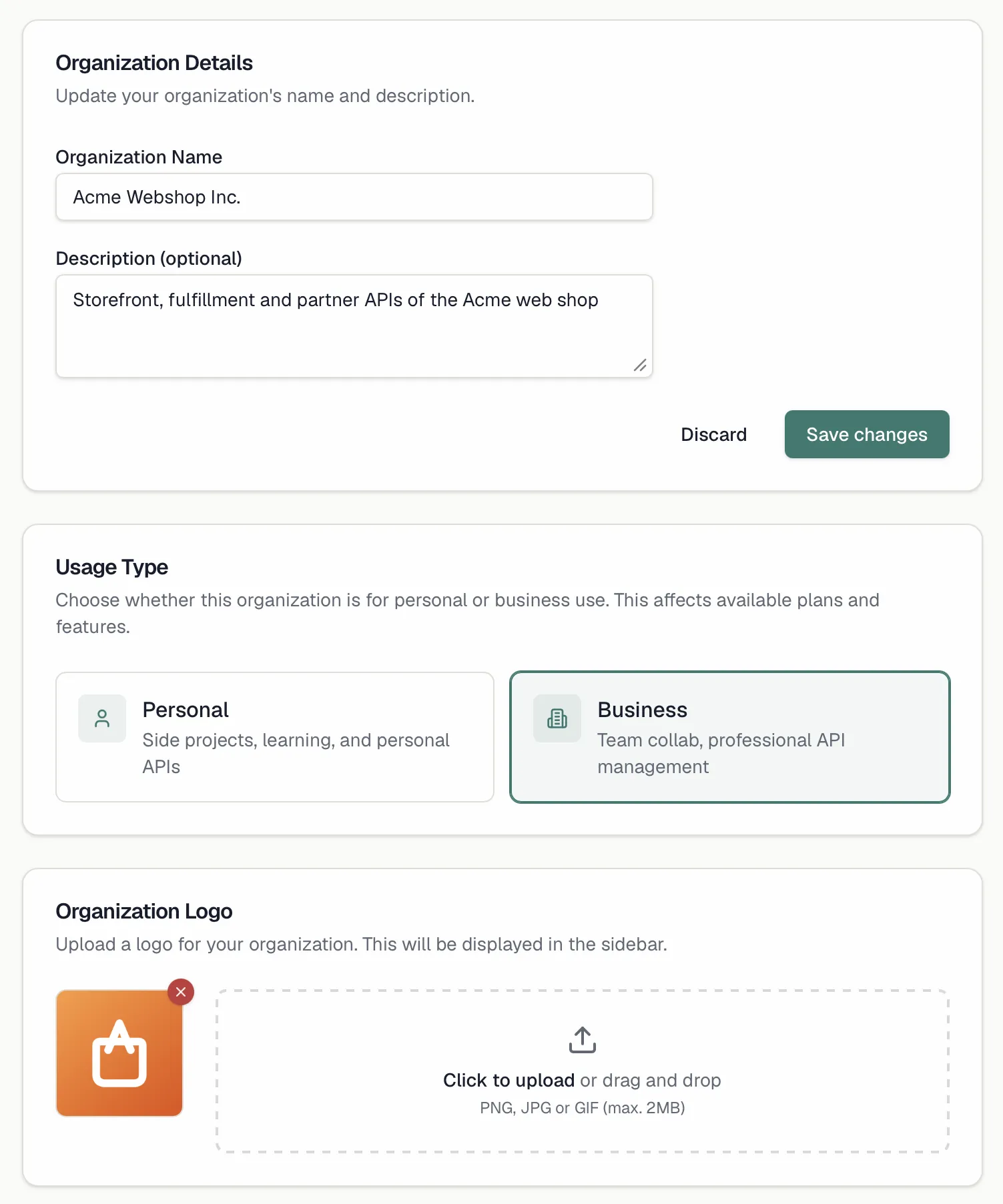 The General organization settings page with name, description and logo