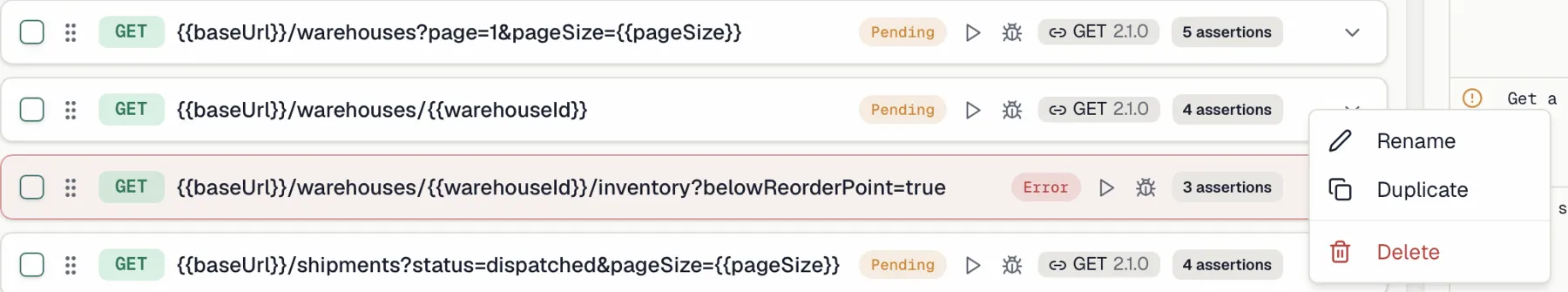 The test case context menu with Rename, Duplicate and Delete