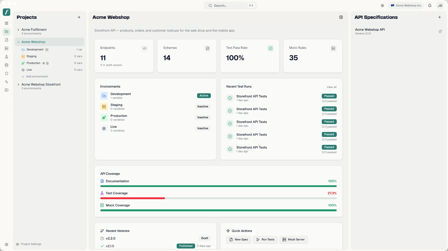 The Projects page with the project list, overview dashboard, and API specifications panel