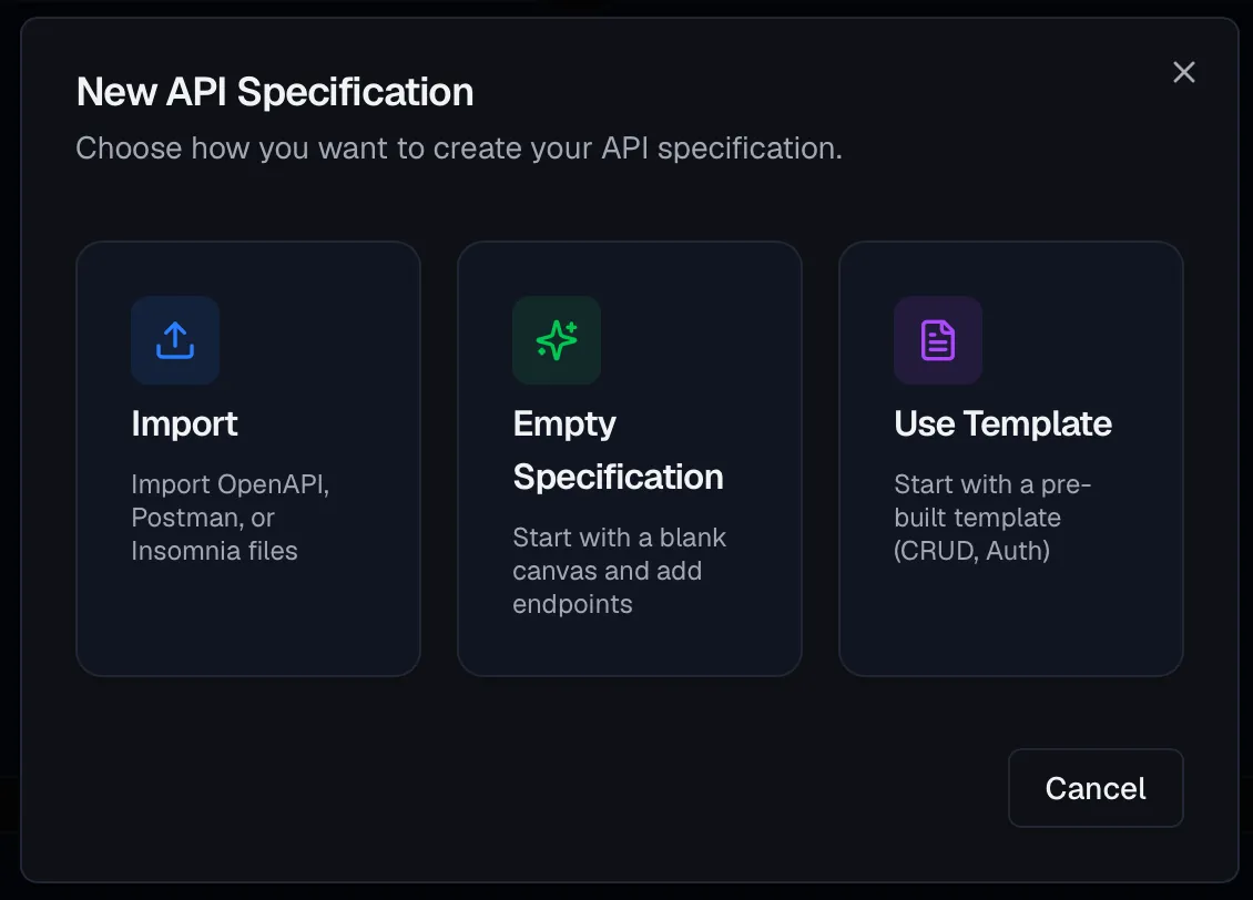 The New API Specification wizard with import, empty and template modes