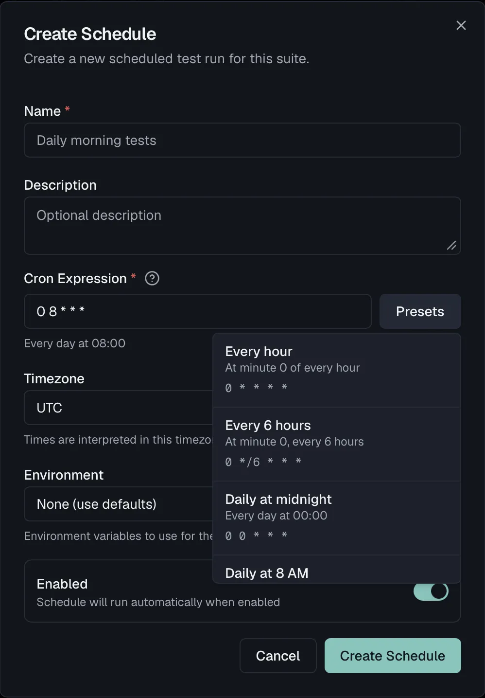 The Create Schedule dialog with cron presets open