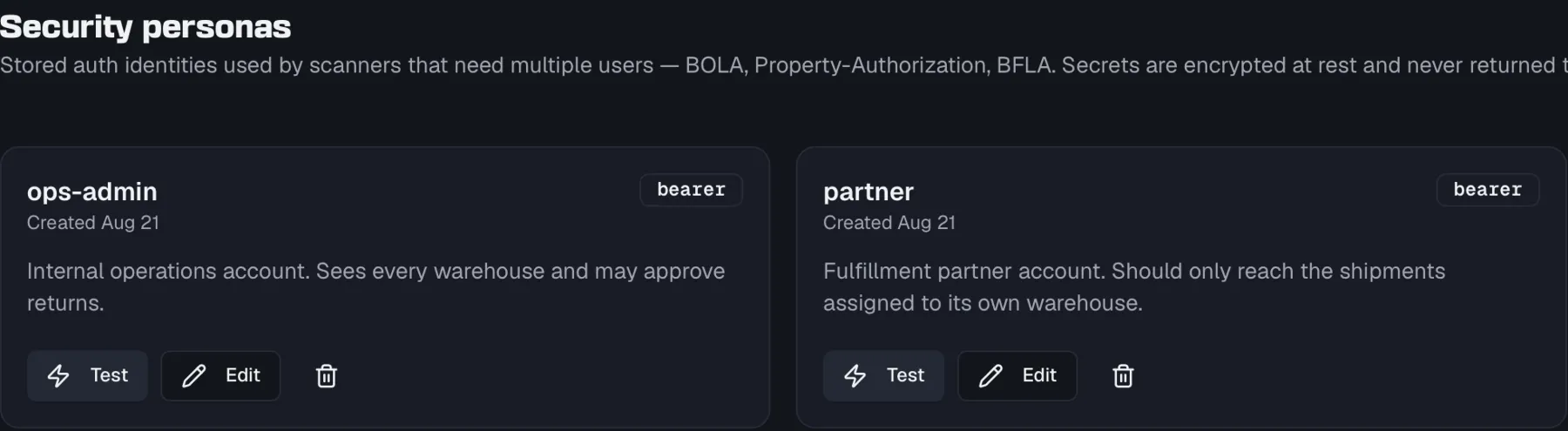 The Personas page listing personas with their auth type and description