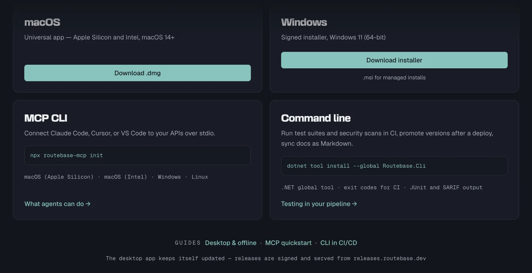 The routebase.dev download page with the macOS, Windows, MCP CLI and command line cards