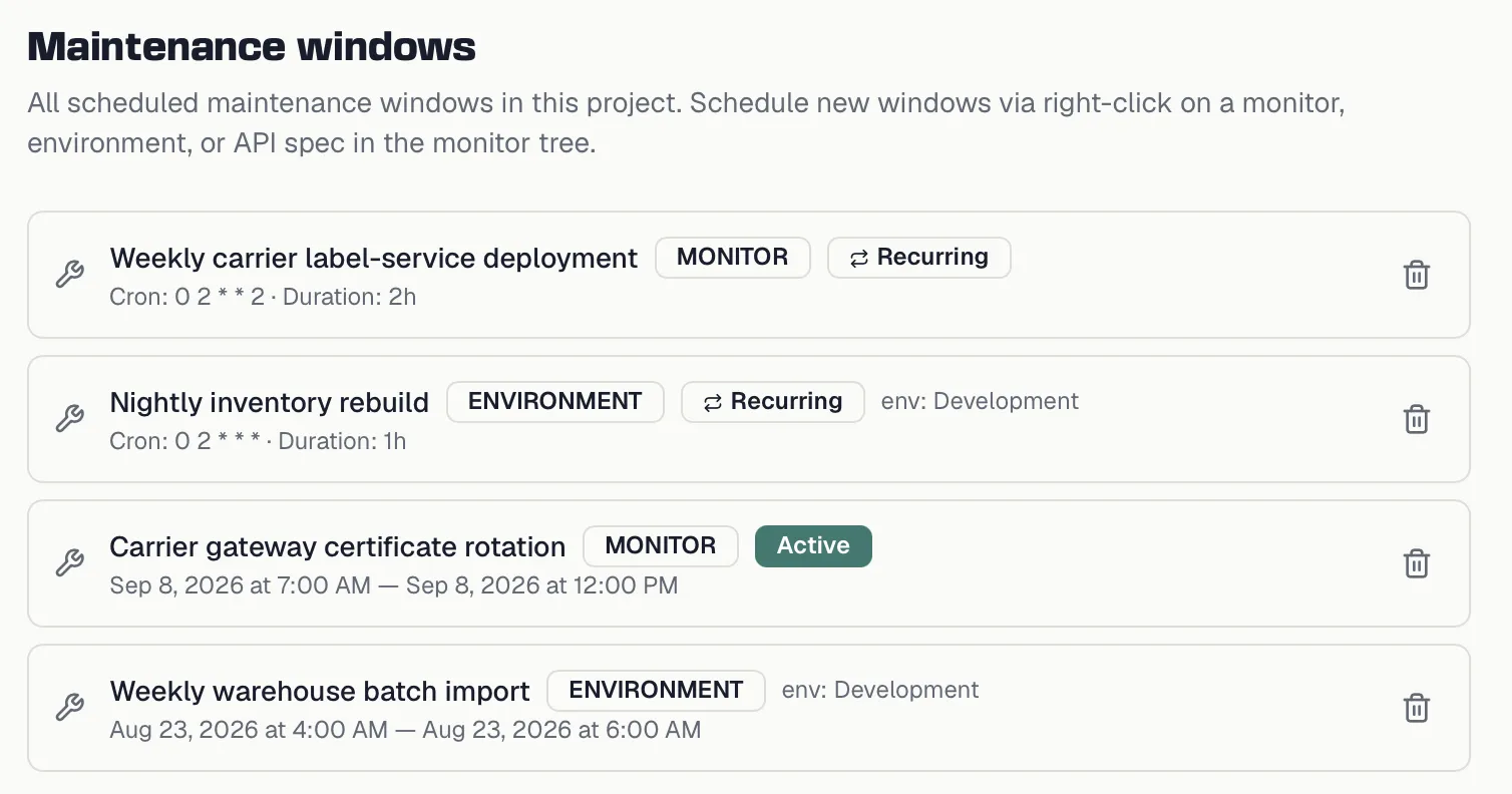The maintenance windows list with each window's period and status