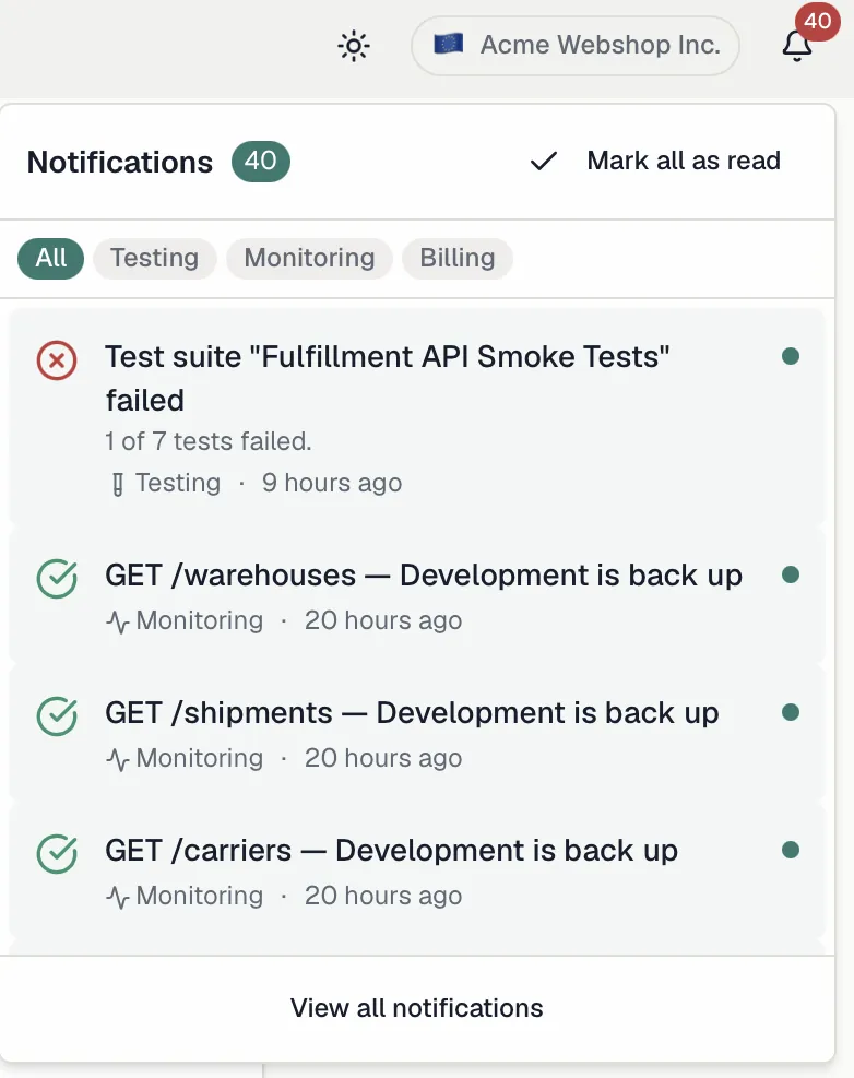 The notification bell dropdown with unread notifications and category filter chips