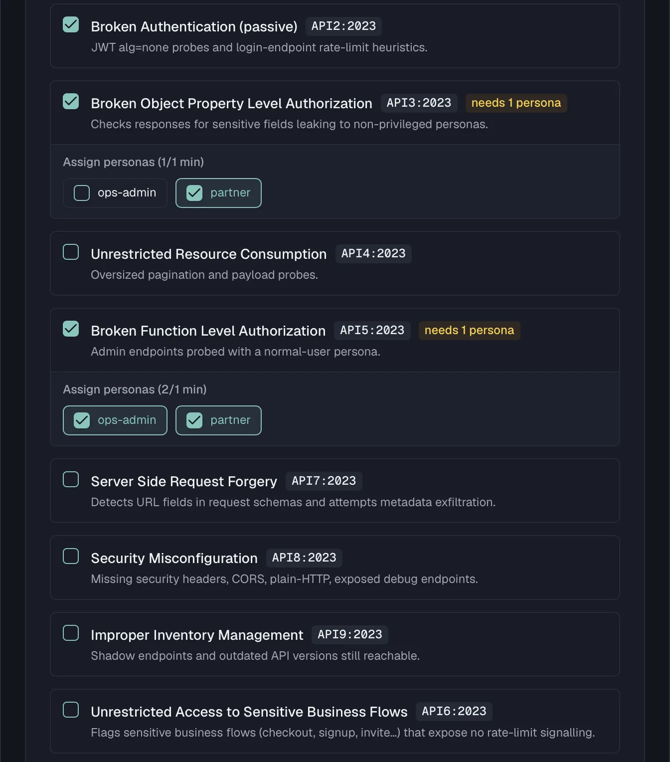 The scanner list in the profile editor with OWASP badges and only some scanners ticked
