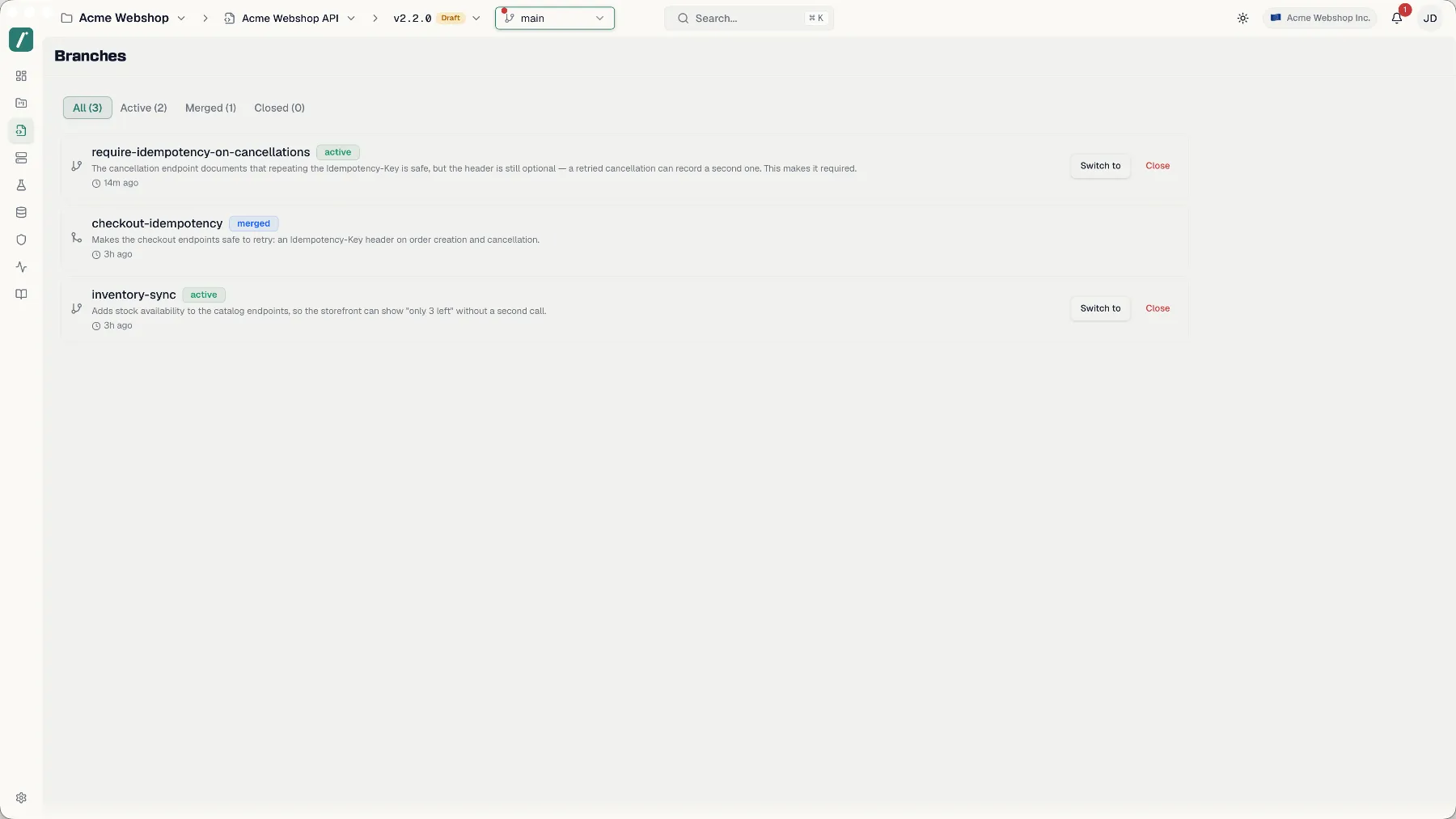 The branch list with the All, Active, Merged and Closed filters and branches in several states