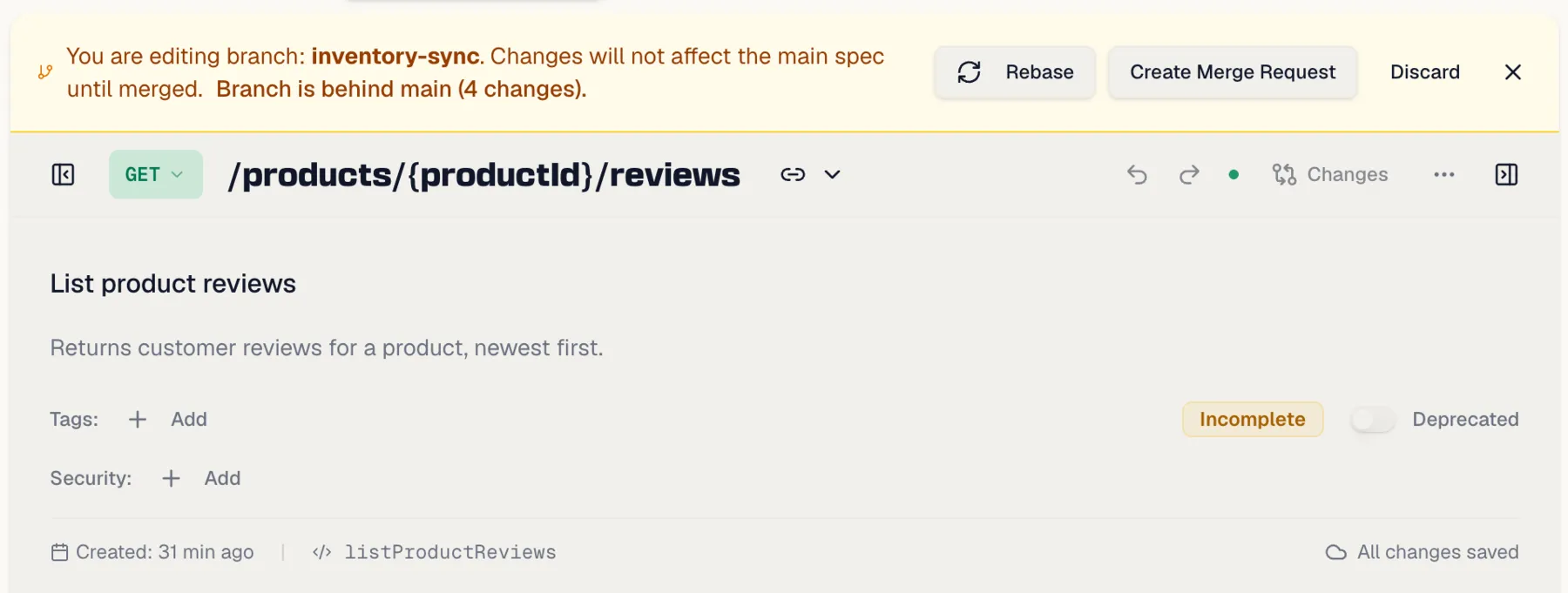 The amber branch banner with the branch name, the behind-main hint and the Rebase, Create Merge Request and Discard buttons