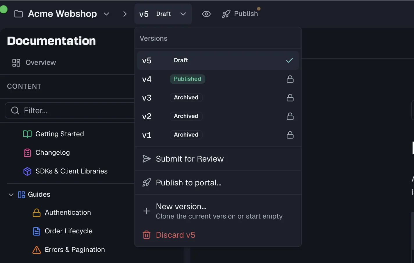 The version switcher popover with the version list and status actions