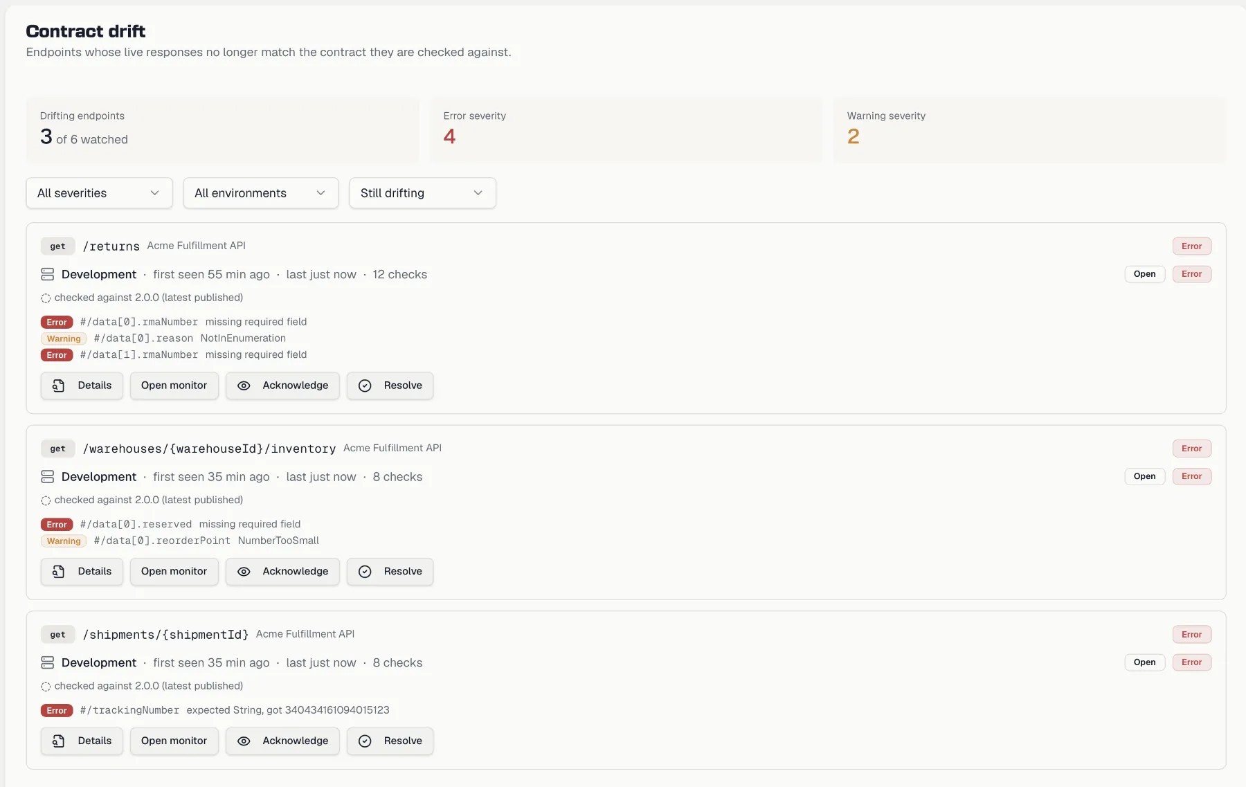 The Contract Drift page with the three metrics, the filters and two endpoint groups expanded