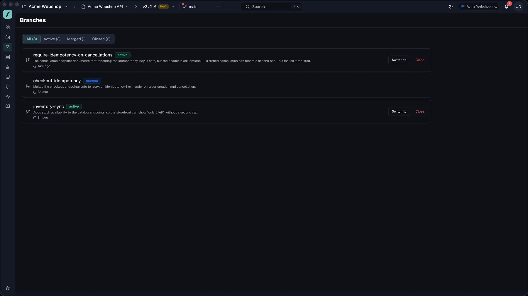 The branch list with the All, Active, Merged and Closed filters and branches in several states
