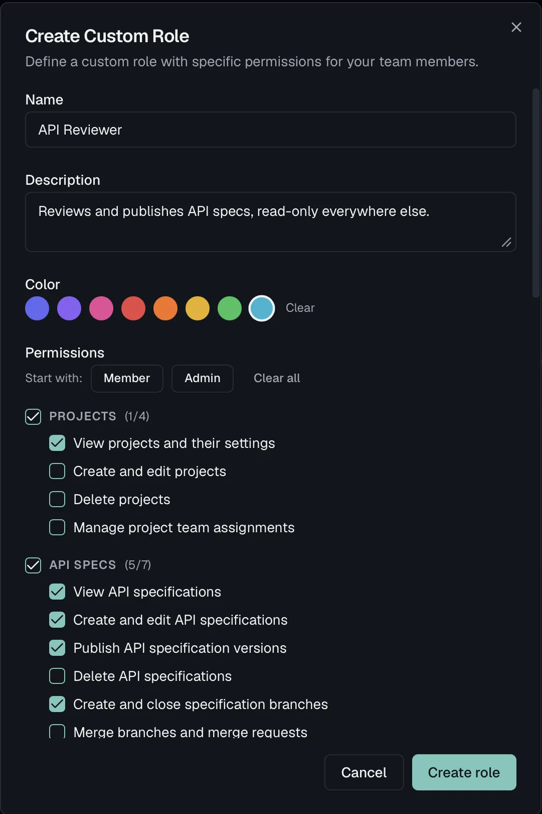 The Create Custom Role dialog with name, color presets and the permission picker