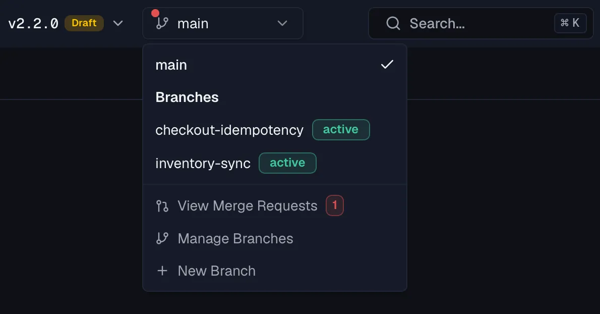 The branch switcher open in the header, showing main, two active branches with status badges, and the View Merge Requests entry with its count badge