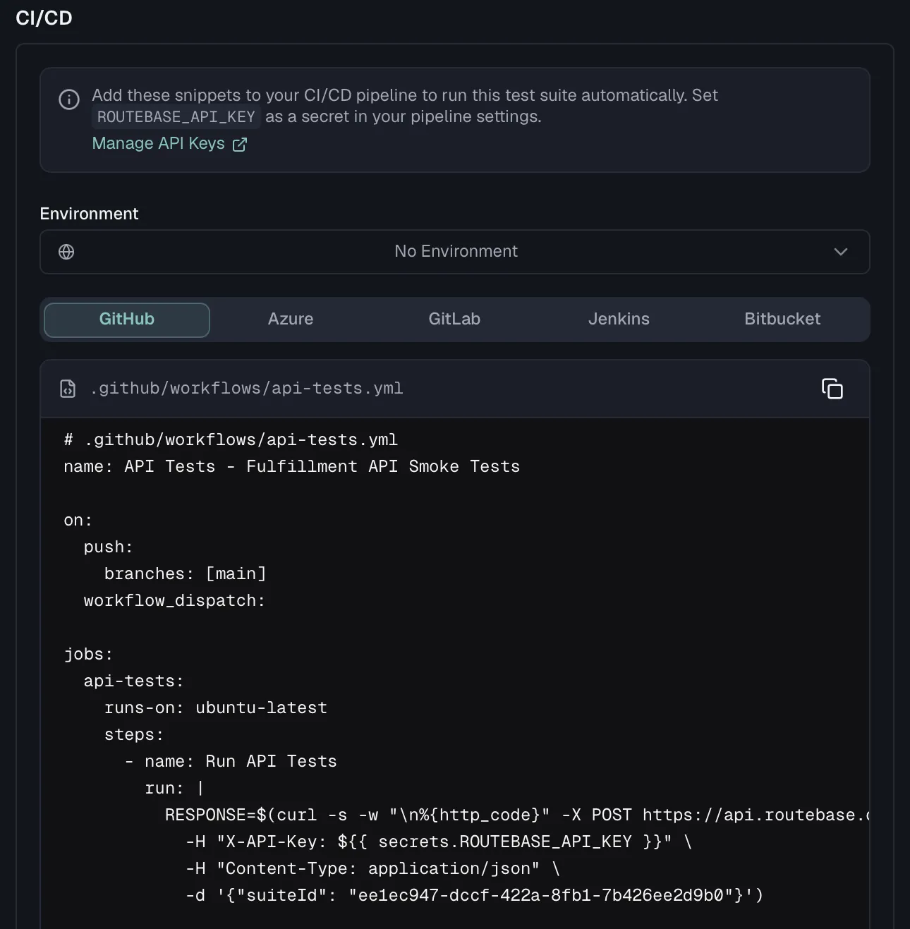 The GitHub Actions tab of the CI/CD section with the target filename and the X-API-Key line